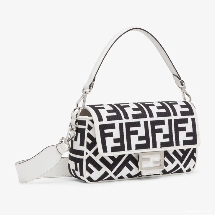 Affordable Medium Canvas Motif Baguette Fendi In Black Bag White FF 0722